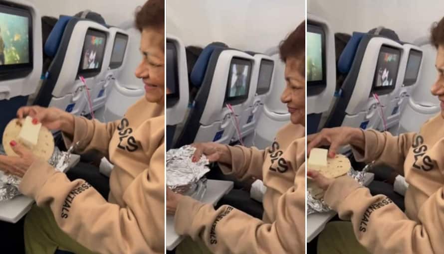 Ante la ausencia de comida en el avión, la Tía María desempaca tortillas con queso durante su vuelo a EE. UU.